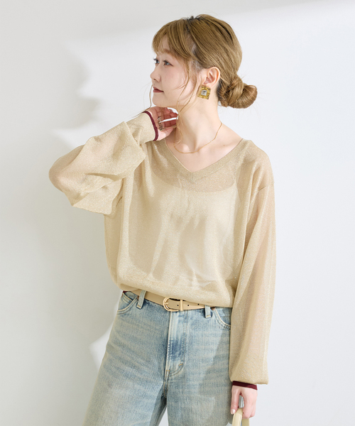 B.C STOCK(ベーセーストック)の「手洗い可 / シアーラメニット(ニット/セーター・レディース・ブラウン/ベージュ/ブラック・FREE)」の1枚目の写真