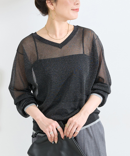 B.C STOCK(ベーセーストック)の「手洗い可 / シアーラメニット(ニット/セーター・レディース・ブラウン/ベージュ/ブラック・FREE)」の2枚目の写真