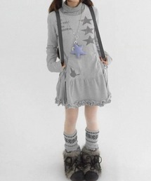 サイドリボン フリル切替スタープリントチュニック ロンT ワンピ