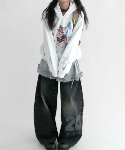 SHERU(シェル)の「サイドリボン フリル切替スタープリントチュニック ロンT ワンピ(ワンピース・レディース・グレー・M)」の9枚目の写真