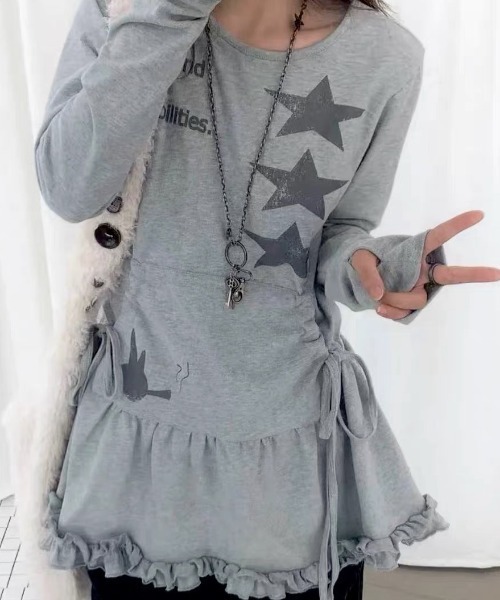 SHERU(シェル)の「サイドリボン フリル切替スタープリントチュニック ロンT ワンピ(ワンピース・レディース・グレー・M)」の11枚目の写真