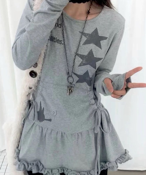 SHERU(シェル)の「サイドリボン フリル切替スタープリントチュニック ロンT ワンピ(ワンピース・レディース・グレー・M)」の6枚目の写真