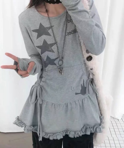 SHERU(シェル)の「サイドリボン フリル切替スタープリントチュニック ロンT ワンピ(ワンピース・レディース・グレー・M)」の16枚目の写真