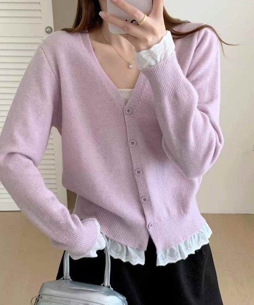 Ritzy（リッツィー）の「裾＆袖フリル切り替え Vネックニットカーディガン（カーディガン/ボレロ・レディース・ラベンダー/グレー/ホワイト/イエロー/レッド/ブラック・FREE）」の4枚目の写真