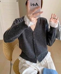 裾&袖フリル切り替え Vネックニットカーディガン