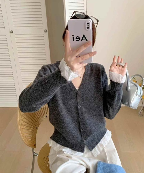 Ritzy（リッツィー）の「裾＆袖フリル切り替え Vネックニットカーディガン（カーディガン/ボレロ・レディース・ラベンダー/グレー/ホワイト/イエロー/レッド/ブラック・FREE）」の9枚目の写真