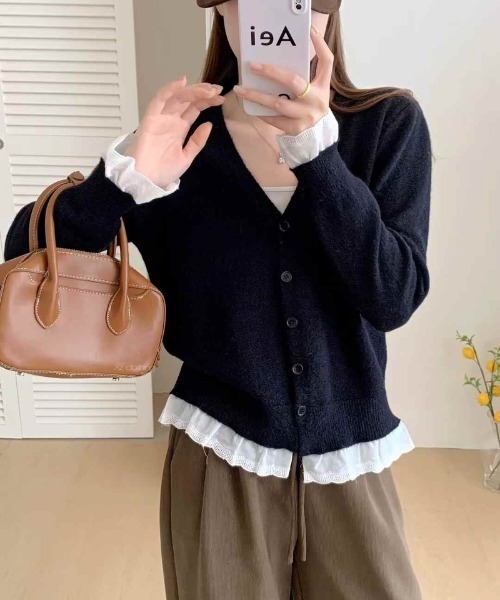 Ritzy（リッツィー）の「裾＆袖フリル切り替え Vネックニットカーディガン（カーディガン/ボレロ・レディース・ラベンダー/グレー/ホワイト/イエロー/レッド/ブラック・FREE）」の10枚目の写真