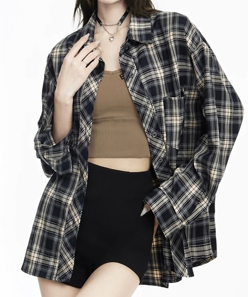 Teem Store(チームストア)の「オーバーサイズ ビッグシルエット チェックシャツ(シャツ/ブラウス・レディース・ブラウン/イエロー/ネイビー・M)」の2枚目の写真