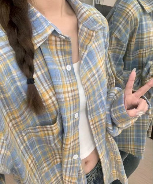 Teem Store(チームストア)の「オーバーサイズ ビッグシルエット チェックシャツ(シャツ/ブラウス・レディース・ブラウン/イエロー/ネイビー・M)」の7枚目の写真