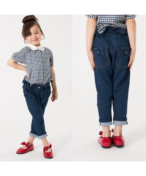 apres les cours(アプレレクール)の「ウエストフリルデニムパンツ 9分丈(その他パンツ・キッズ・ネイビー・140/90/110/130/100/120/80)」の2枚目の写真
