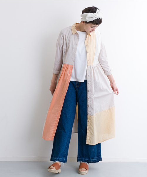 MERLOT（メルロー）の「パッチワークシャツワンピ 5932（シャツワンピース・レディース・ベージュ/ライトブルー/ホワイト・FREE）」の3枚目の写真