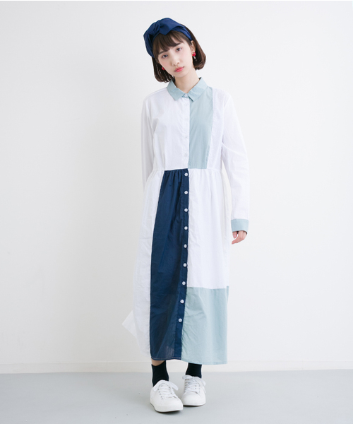 MERLOT（メルロー）の「パッチワークシャツワンピ 5932（シャツワンピース・レディース・ベージュ/ライトブルー/ホワイト・FREE）」の14枚目の写真