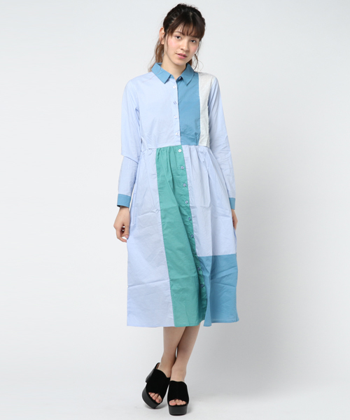 MERLOT（メルロー）の「パッチワークシャツワンピ 5932（シャツワンピース・レディース・ベージュ/ライトブルー/ホワイト・FREE）」の4枚目の写真