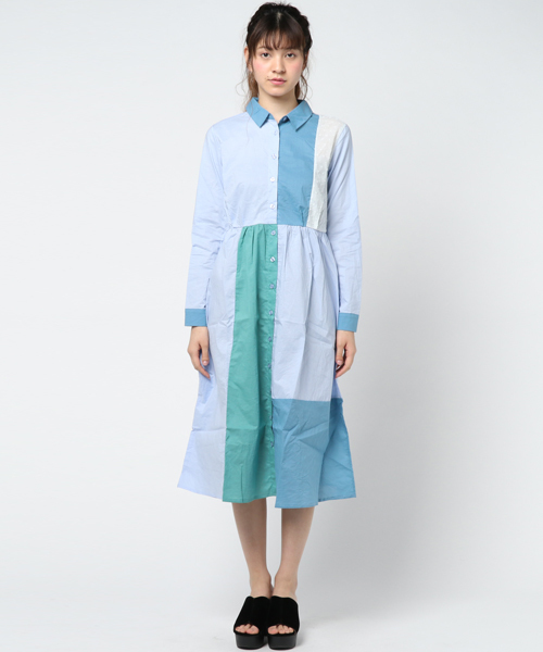 MERLOT（メルロー）の「パッチワークシャツワンピ 5932（シャツワンピース・レディース・ベージュ/ライトブルー/ホワイト・FREE）」の5枚目の写真