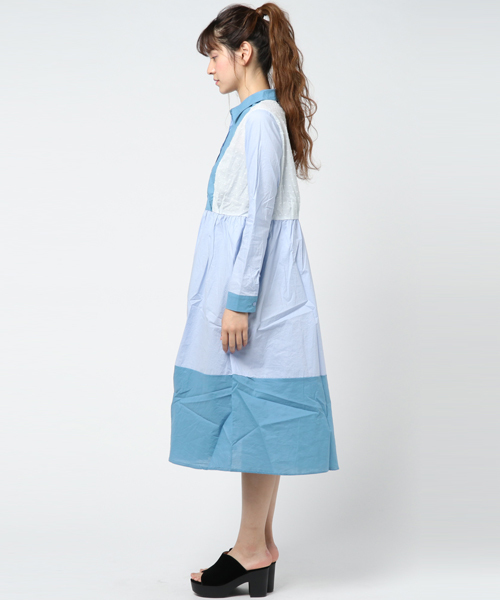 MERLOT（メルロー）の「パッチワークシャツワンピ 5932（シャツワンピース・レディース・ベージュ/ライトブルー/ホワイト・FREE）」の6枚目の写真