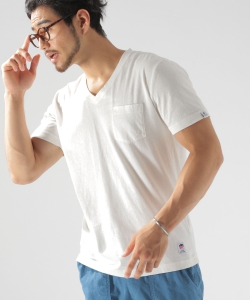 BAYFLOW（ベイフロー）の「USAコットン スラブVネックSST（Tシャツ/カットソー・メンズ・ホワイト/ベージュ/パープル/ネイビー/オリーブ/オレンジ・SMALL/MEDIUM/LARGE）」の2枚目の写真