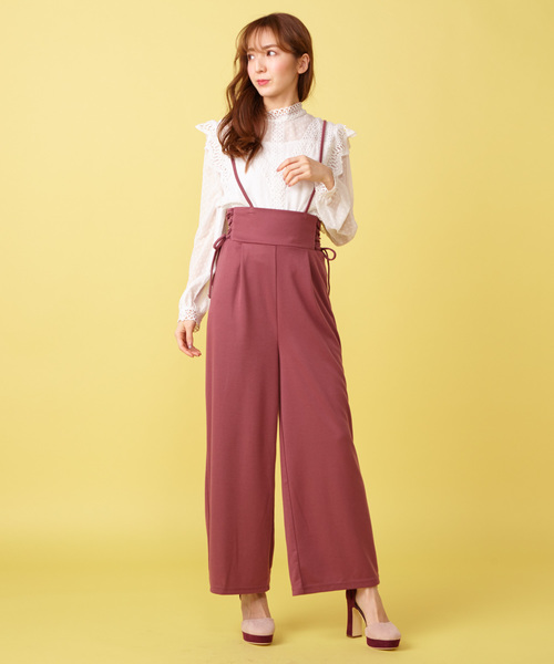 MIIA（ミーア）の「ドビードットブラウス×サスペンダー付パンツ（つなぎ/オールインワン・レディース・ブラック/ベージュ/ピンク・FREE）」の3枚目の写真