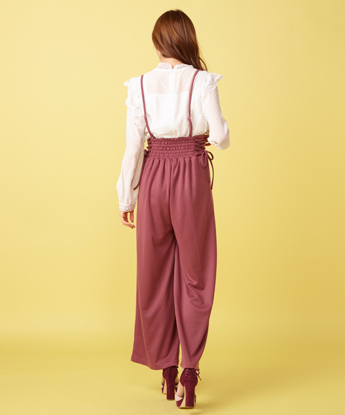 MIIA（ミーア）の「ドビードットブラウス×サスペンダー付パンツ（つなぎ/オールインワン・レディース・ブラック/ベージュ/ピンク・FREE）」の4枚目の写真