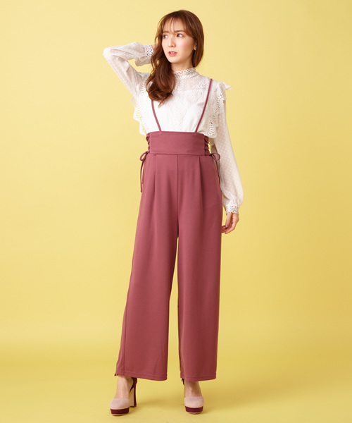 MIIA（ミーア）の「ドビードットブラウス×サスペンダー付パンツ（つなぎ/オールインワン・レディース・ブラック/ベージュ/ピンク・FREE）」の5枚目の写真