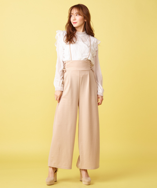 MIIA（ミーア）の「ドビードットブラウス×サスペンダー付パンツ（つなぎ/オールインワン・レディース・ブラック/ベージュ/ピンク・FREE）」の12枚目の写真