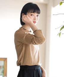 【アクセいらずな華やか襟もと】ロングスリーブ リブカットソー［クルーネック］