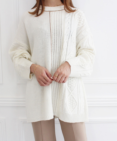 MODE ROBE(モードローブ)の「パイピング ランダム ケーブルニット(ニット/セーター・レディース・ベージュ/グレー/アイボリー・FREE)」の2枚目の写真