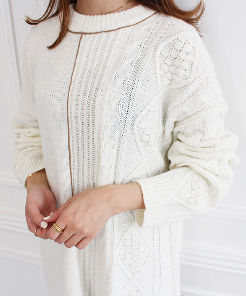 MODE ROBE(モードローブ)の「パイピング ランダム ケーブルニット(ニット/セーター・レディース・ベージュ/グレー/アイボリー・FREE)」の12枚目の写真