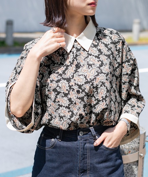 PairPair（ペアペア）の「クレリックペイズリー半袖シャツ(ユニセックス)（シャツ/ブラウス・レディース・ブラウン系その他/ブラック・FREE）」の7枚目の写真