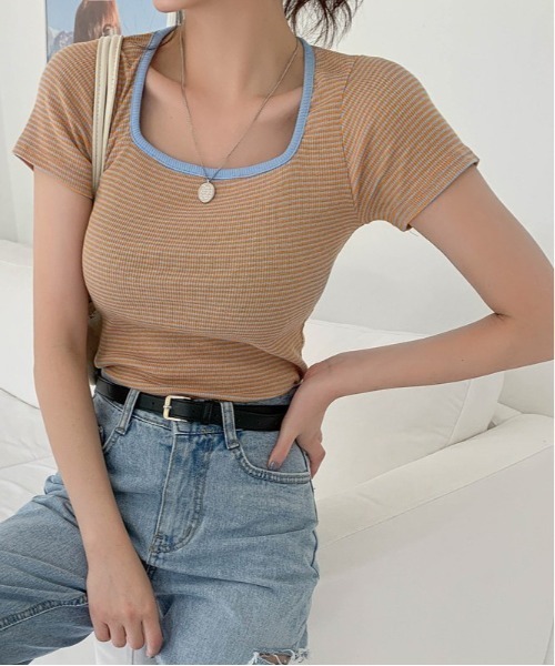merongshop(メロンショップ)の「MERONGSHOP スクエアネック配色ボーダーTシャツ(Tシャツ/カットソー・レディース・ブラック/オレンジ・FREE)」の5枚目の写真