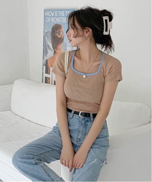 merongshop(メロンショップ)の「MERONGSHOP スクエアネック配色ボーダーTシャツ(Tシャツ/カットソー・レディース・ブラック/オレンジ・FREE)」の6枚目の写真