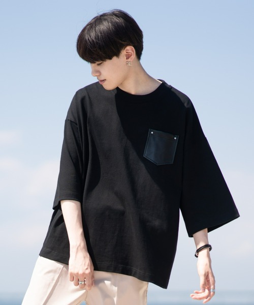 EDEL（エーデル）の「EDEL - レザーポケットビックT（Tシャツ/カットソー・メンズ・ホワイト/ブラック・MEDIUM/LARGE）」の2枚目の写真