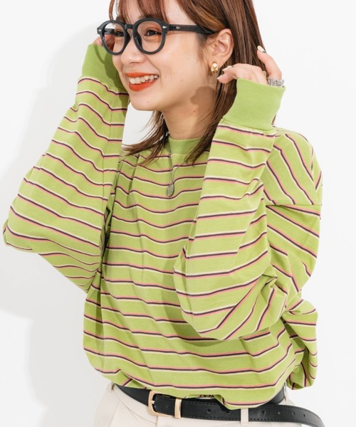 nemne store（ネンネストア）の「マルチボーダーロンT（Tシャツ/カットソー・レディース・ベージュ/ブルー/グリーン/ミント・フリー）」の3枚目の写真