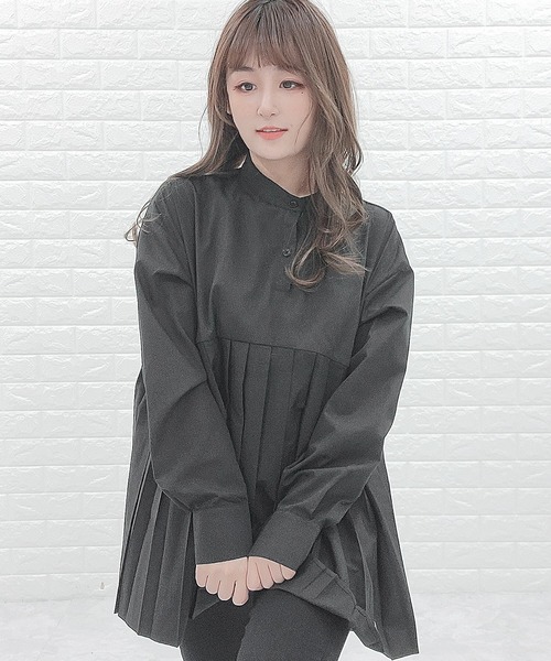 Lace Ladies(レースレディース)の「バンドカラー プリーツ切替 長袖 シャツ(シャツ/ブラウス・レディース・グレイッシュベージュ/ホワイト/ブラック・M/L)」の4枚目の写真