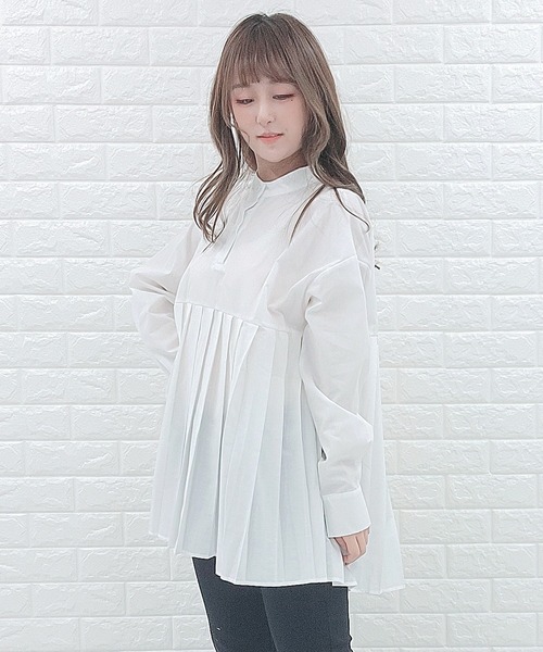 Lace Ladies(レースレディース)の「バンドカラー プリーツ切替 長袖 シャツ(シャツ/ブラウス・レディース・グレイッシュベージュ/ホワイト/ブラック・M/L)」の8枚目の写真