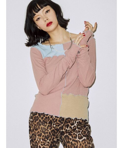 jouetie（ジュエティ）の「パッチワークメロートップス（Tシャツ/カットソー・レディース・ブラック/オフホワイト/カーキ/ピンク・MEDIUM）」の4枚目の写真