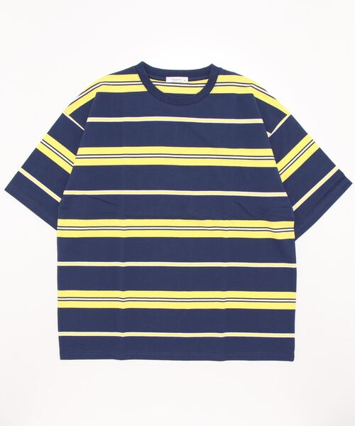 STYLEBLOCK(スタイルブロック)の「スーパービッグ半袖ボーダーTシャツ(Tシャツ/カットソー・メンズ・ホワイト系その他2/グリーン/ブルー系その他/ホワイト/チャコール/ベージュ/ブラック系その他2/ブラック/ネイビー/マスタード/ホワイト系その他/グリーン系その他/ブラック系その他/オレンジ・L/M/LL)」の1枚目の写真