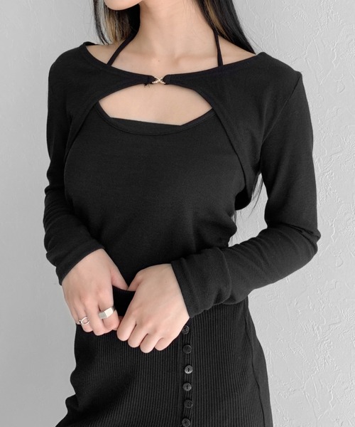 LVEU.(ラブユ.)の「【LVEU.】フロントポイントレイヤードキャミセット / トップス カットソー キャミソール キャミ カーディガン ボレロ アンサンブル ショート クロップド レイヤード ブラック(Tシャツ/カットソー・レディース・ブラック・FREE)」の3枚目の写真