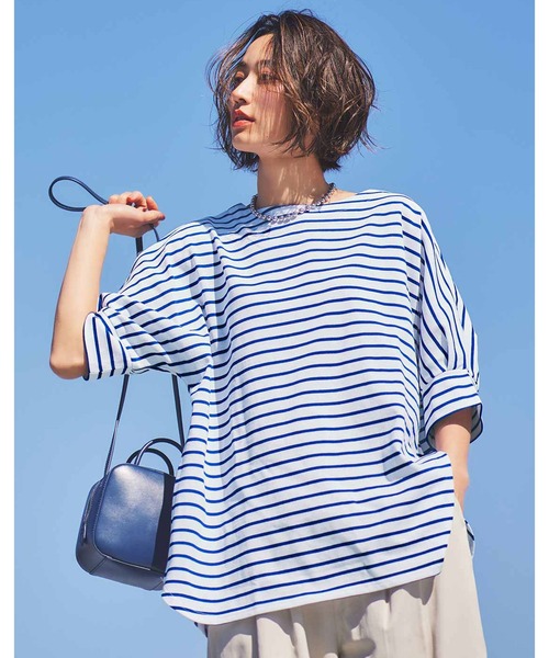 IEDIT(イディット)の「IEDIT 強撚天じく素材の大人の抜け感ボーダートップス(Tシャツ/カットソー・レディース・ホワイト×ブルー/ベージュ系その他/ブラック×ホワイト・LARGE/MEDIUM/X-LARGE/XX-LARGE)」の2枚目の写真