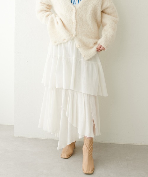 natural couture（ナチュラルクチュール）の「23SS新作/2サイズ展開/コットン楊柳アシメティアードスカート（スカート・レディース・オフホワイト/ブラック・MEDIUM/LARGE）」の9枚目の写真