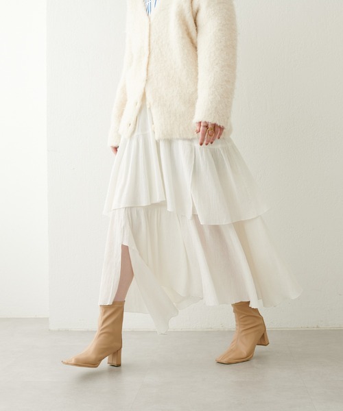 natural couture（ナチュラルクチュール）の「23SS新作/2サイズ展開/コットン楊柳アシメティアードスカート（スカート・レディース・オフホワイト/ブラック・MEDIUM/LARGE）」の7枚目の写真