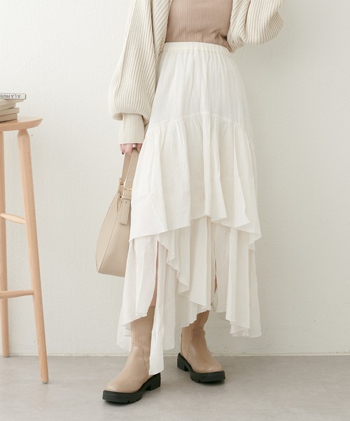 natural couture（ナチュラルクチュール）の「23SS新作/2サイズ展開/コットン楊柳アシメティアードスカート（スカート・レディース・オフホワイト/ブラック・MEDIUM/LARGE）」の13枚目の写真