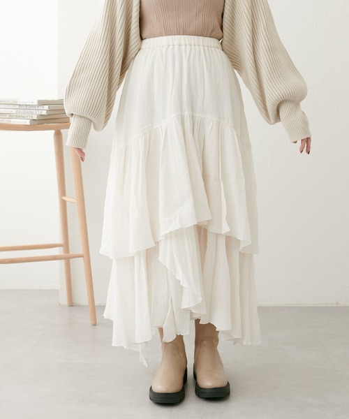 natural couture（ナチュラルクチュール）の「23SS新作/2サイズ展開/コットン楊柳アシメティアードスカート（スカート・レディース・オフホワイト/ブラック・MEDIUM/LARGE）」の17枚目の写真