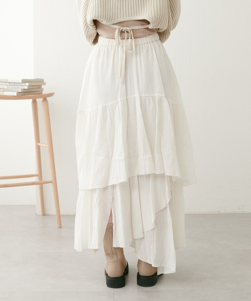 natural couture（ナチュラルクチュール）の「23SS新作/2サイズ展開/コットン楊柳アシメティアードスカート（スカート・レディース・オフホワイト/ブラック・MEDIUM/LARGE）」の19枚目の写真