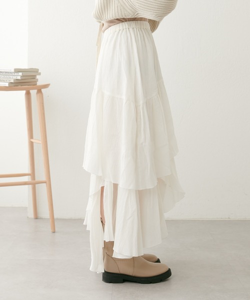 natural couture（ナチュラルクチュール）の「23SS新作/2サイズ展開/コットン楊柳アシメティアードスカート（スカート・レディース・オフホワイト/ブラック・MEDIUM/LARGE）」の20枚目の写真