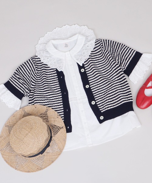 CHILD WOMAN(チャイルドウーマン)の「GAUSSすかしボーダー ショートクルーカーディガン(カーディガン/ボレロ・レディース・レッド/ネイビー・FREE)」の2枚目の写真