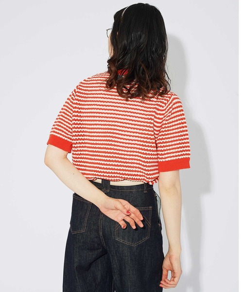 CHILD WOMAN(チャイルドウーマン)の「GAUSSすかしボーダー ショートクルーカーディガン(カーディガン/ボレロ・レディース・レッド/ネイビー・FREE)」の5枚目の写真