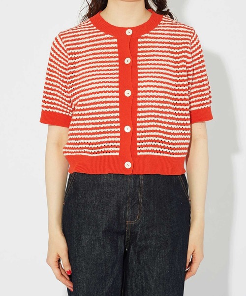 CHILD WOMAN(チャイルドウーマン)の「GAUSSすかしボーダー ショートクルーカーディガン(カーディガン/ボレロ・レディース・レッド/ネイビー・FREE)」の14枚目の写真