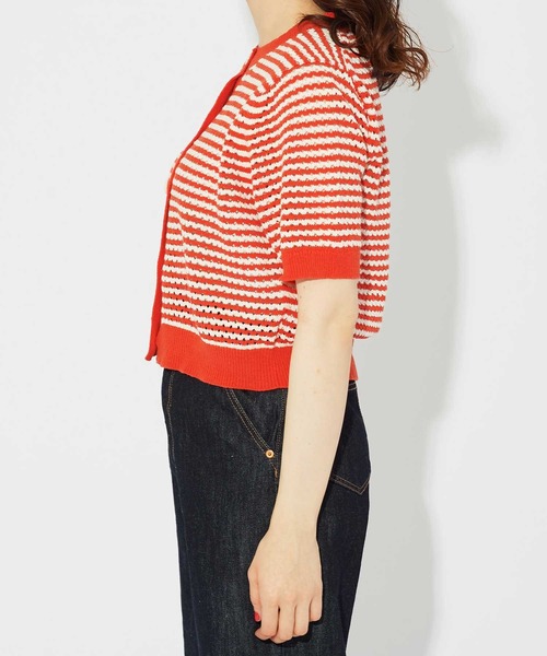 CHILD WOMAN(チャイルドウーマン)の「GAUSSすかしボーダー ショートクルーカーディガン(カーディガン/ボレロ・レディース・レッド/ネイビー・FREE)」の15枚目の写真