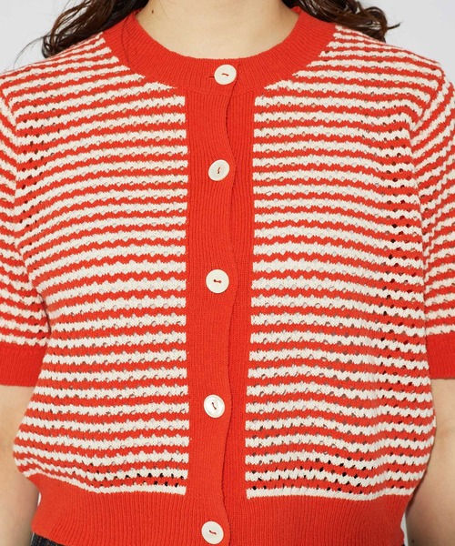 CHILD WOMAN(チャイルドウーマン)の「GAUSSすかしボーダー ショートクルーカーディガン(カーディガン/ボレロ・レディース・レッド/ネイビー・FREE)」の17枚目の写真