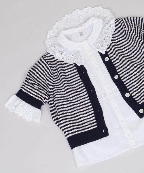 CHILD WOMAN(チャイルドウーマン)の「GAUSSすかしボーダー ショートクルーカーディガン(カーディガン/ボレロ・レディース・レッド/ネイビー・FREE)」の12枚目の写真